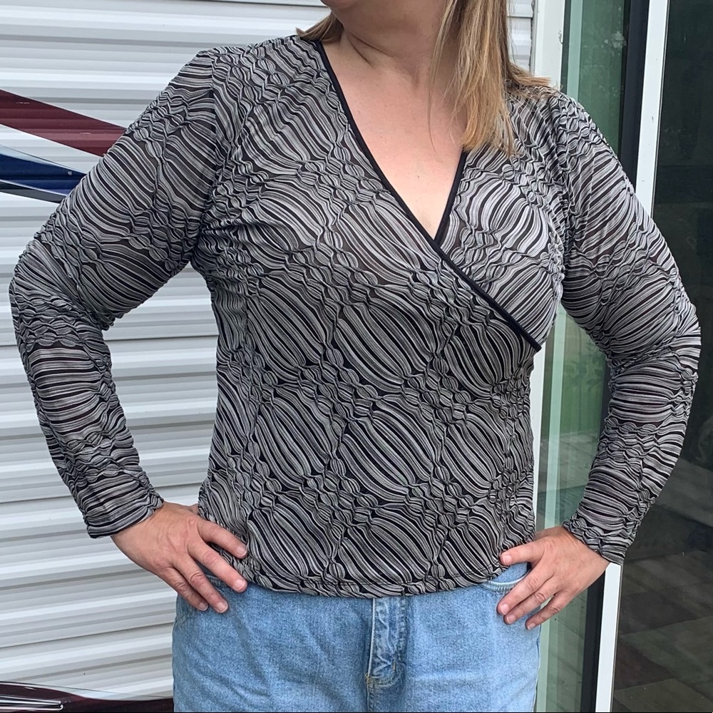 J Jill Mock Wrap Mesh Top Abstract Textured
